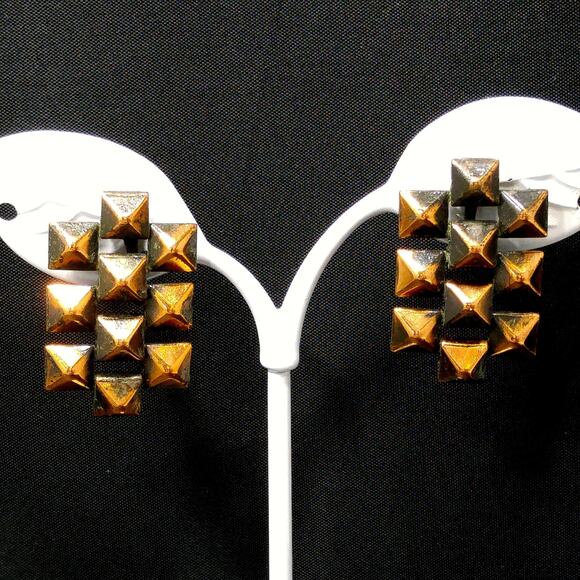 Vintage Copper Book Chain Earrings Screw Back 1950s Art Deco Geometric Design - Picture 1 of 10